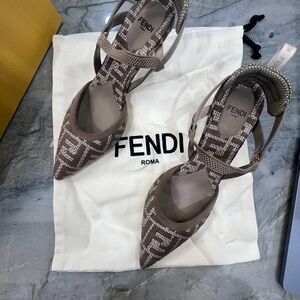 FENDI Colibri Lite 55 FF Logo Slingback Kitten Heel Pumps Sandals Shoes